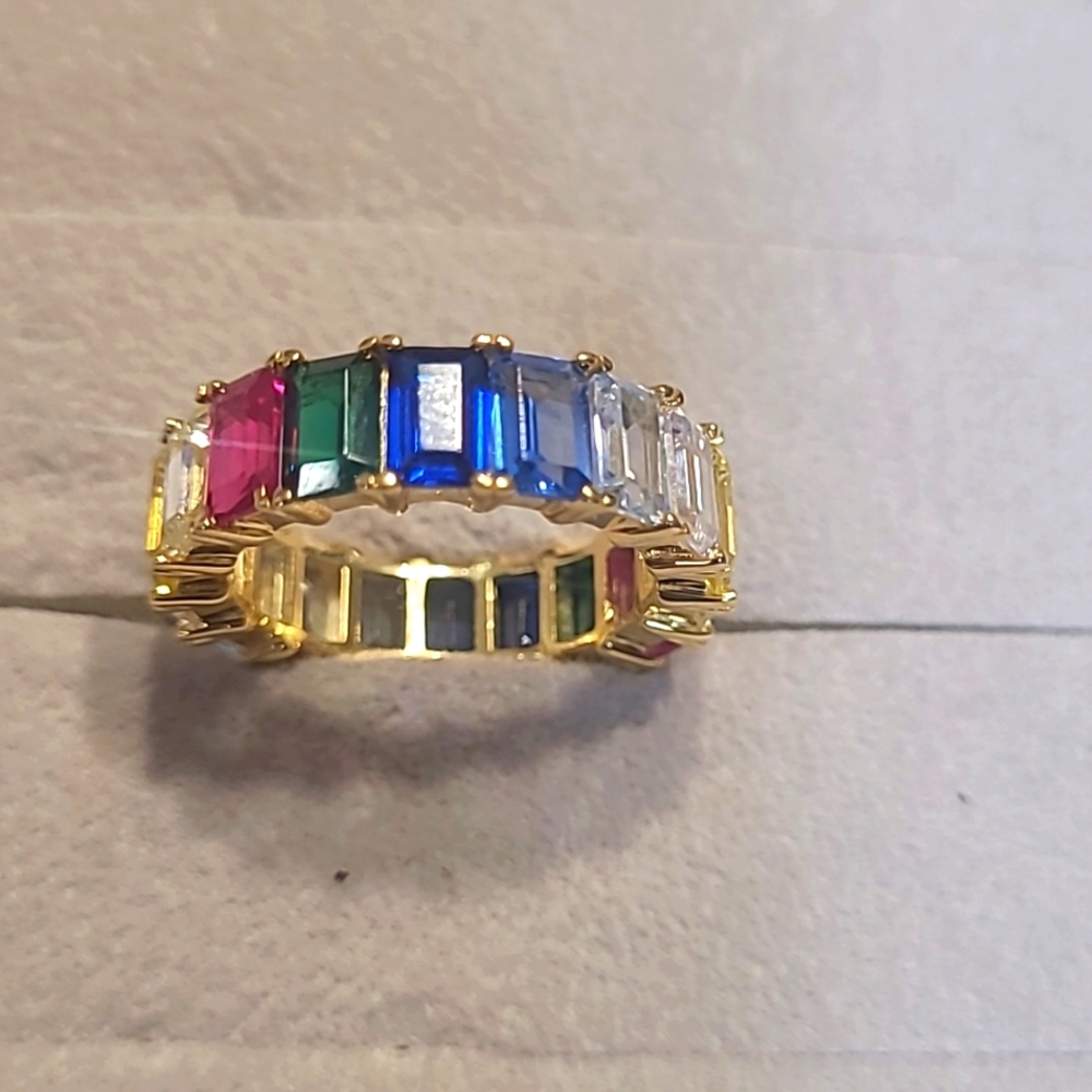 Yellow Gold 🌈  Rainbow,  Emerald Cut , Cubic Zirconia Eternity Band Ring